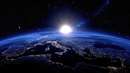 Sunrise Over Illuminated Earth and Starry Cosmos Depicting Planetary Atmosphere