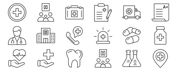 Healthcare Medical Line Icons Set with Editable Stroke for Hospital, Doctor, Medicine, and Health Management