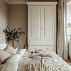 White wooden wardrobe in scandinavian style interior design of modern bedroom, Generative AI