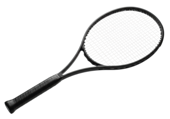 hyper-detailed product photo of a pristine, matte black professional tennis racket with white strings and a textured black leather grip, isolated on a transparent cyclorama background with copy