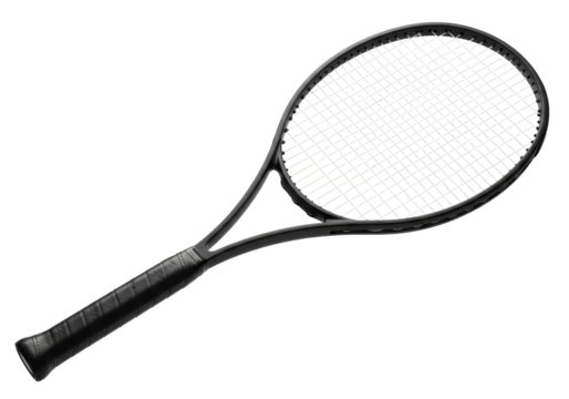 hyper-detailed product photo of a pristine, matte black professional tennis racket with white strings and a textured black leather grip, isolated on a transparent cyclorama background with copy
