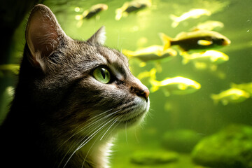 Cat gazing at fish in low light aquarium setting Generative AI