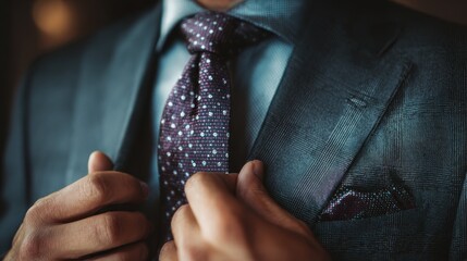 Businessman in formal attire adjusts jacket and tie at a corporate event in the evening, showcasing a professional and polished look for a networking opportunity