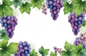 Naklejka premium Watercolor illustration featuring grape bunches and green leaves forming a frame. Perfect design elements for winery products menu design or food related blog.