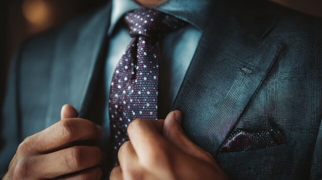 Businessman in formal attire adjusts jacket and tie at a corporate event in the evening, showcasing a professional and polished look for a networking opportunity