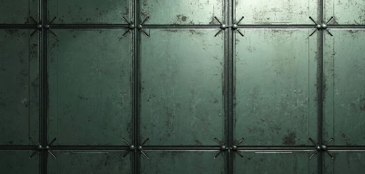 Metallic grid pattern surface with dark green panels and riveted joints. Weathered metal plate texture. Rusted steel sheet with crosses and rivets. Dark green metal wall with grid seams.