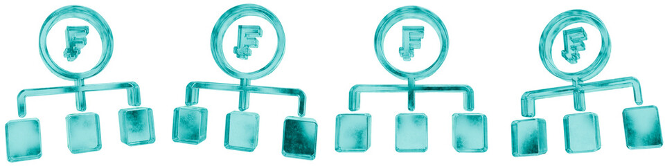 Set of four 3D swiss franc money allocation shapes in frosted blue ice glass style, isolated on a transparent background. Glassmorphism icons and 3D elements for modern graphic design.