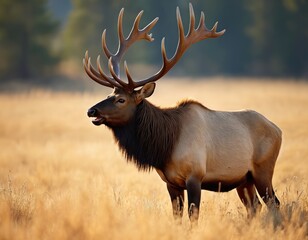 Obraz premium Majestic bull elk stands in golden field during sunset. Large antlers and shaggy mane highlight its impressive size. Wildlife creature in natural habitat.