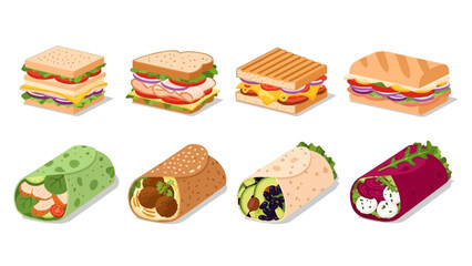 Isometric sandwiches and wraps variety concept with delicious ingredients combinations food