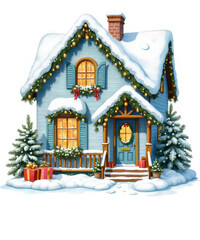 Obraz premium Charming light blue winter cottage adorned with festive christmas lights, garlands, snow, and gifts, inviting warmth and holiday spirit. 110 isolated on transparent background