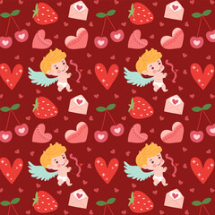 Cute boy Cupid, seamless pattern with hearts, strawberries, cherries, and love letters. Valentine's Day love concept.