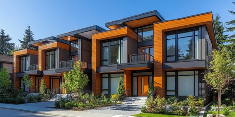 Modern modular private townhouses. Residential architecture exterior, Generative AI