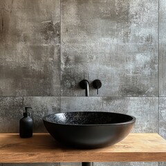 Stylish black vessel sink and faucet on wall mounted wooden countertop near concrete tiled wall with copy space. Minimalist interior design of modern bathroom, Generative AI