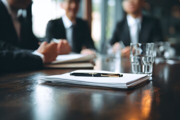 Diplomats engage in crucial discussions at a negotiation meeting around a wooden table in a modern conference room during daylight hours