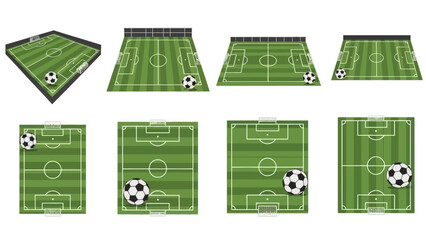 Isometric football field and soccer ball illustrations offer varied perspectives ideal for sport