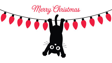 Cute black cat hanging upside down from a festive Christmas light garland with red bulbs, playful Merry Christmas holiday illustration perfect for greeting cards, seasonal designs, and decor projects