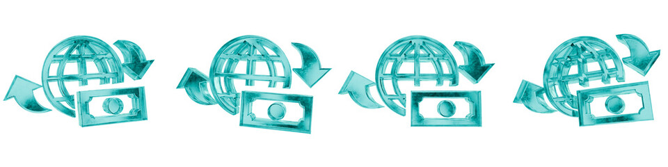 Set of four 3D wire transfer shapes in frosted blue ice glass style, isolated on a transparent background. Glassmorphism icons and 3D elements for modern graphic design.