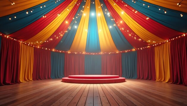 Empty circus tent interior stage with red podium. Colorful ceiling, draped curtains, twinkling lights create festive atmosphere. Wooden floor reflects warm glow. Ready for performance, show, event. - Powered by Adobe