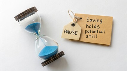 Hourglass Symbolizing Time Management with Pause Tag Emphasizing Saving and Potential in Personal Finance