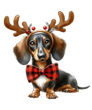 Cute dachshund wearing reindeer antlers and a red plaid bow tie, illustration, festive and charming, perfect for christmas celebrations isolated on transparent background