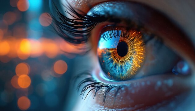 Macro view of human eye iris, digital data flows creating futuristic cityscape reflection. Blue and orange bokeh lights add depth to this abstract concept. - Powered by Adobe