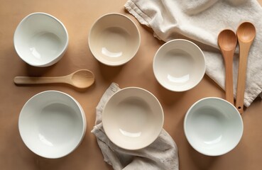 Ceramic bowls wood spoons and linen cloth on a beige background create minimalist still life. Natural eco friendly kitchenware is arranged for cooking concept in photo studio