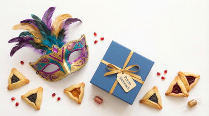 Purim holiday greeting card with carnival mask, blue gift box and hamentashen cookies top view with space for text