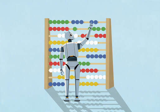 Humanoid robot adjusting beads on large abacus against blue background
