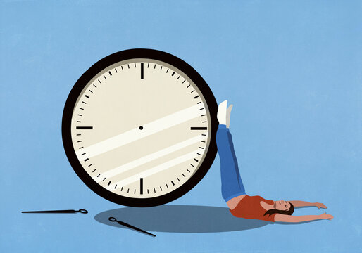 Carefree woman relaxing with feet up on large clock with no hands
