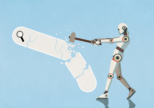 AI humanoid robot with sledgehammer destroying search bar against blue background
