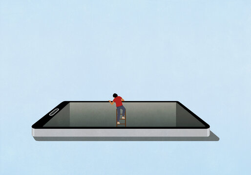 Man on ladder climbing out of black hole digital tablet screen
