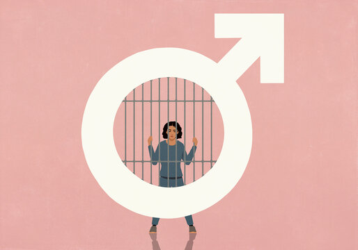 Woman behind prison bars inside male symbol against pink background
