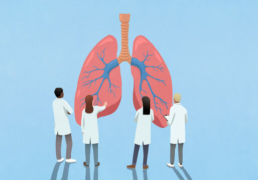 Scientists examining large pair of lungs against blue background
