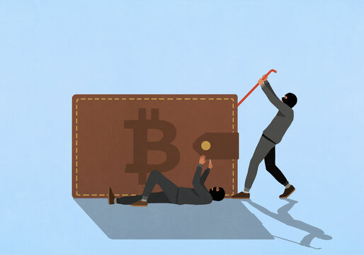 Thieves with crowbar trying to break into large Bitcoin wallet against blue background
