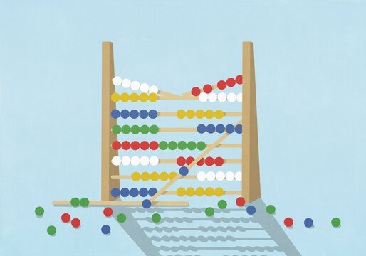 Multicolored beads falling from broken abacus on blue background

