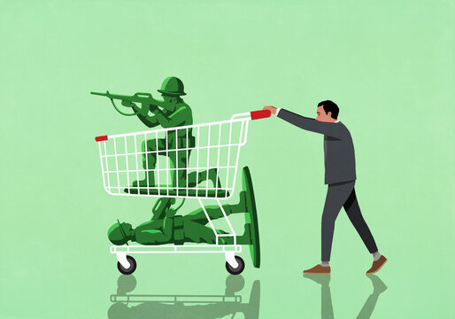 Male politician pushing shopping cart with GI Joe figures on green background
