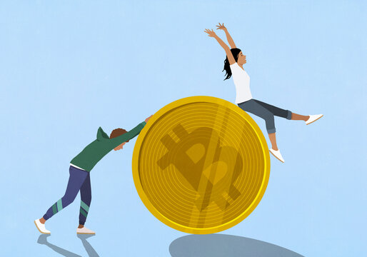 Man pushing carefree wife on large Bitcoin against blue background
