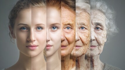 Collage showcasing the journey of female faces through different life stages from youth to old age, reflecting beauty and experience over time