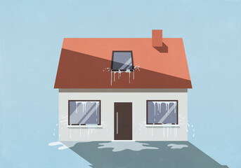 Water seeping from windows and door of house, flood damage
