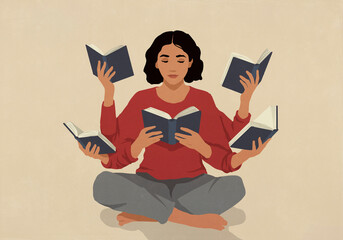 Woman with multiple arms reading five books at the same time - avid reader

