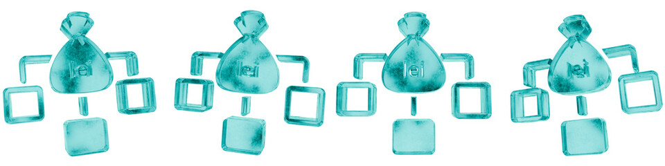 Set of four 3D romanian leu income distribution shapes in frosted blue ice glass style, isolated on a transparent background. Glassmorphism icons and 3D elements for modern graphic design.