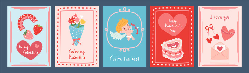 Fototapeta premium A set of five Valentine's Day greeting cards featuring a variety of romantic elements, including cupids, hearts, flowers, and sweet messages to celebrate love.