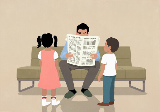 Neglected kids watching father reading newspaper on living room sofa
