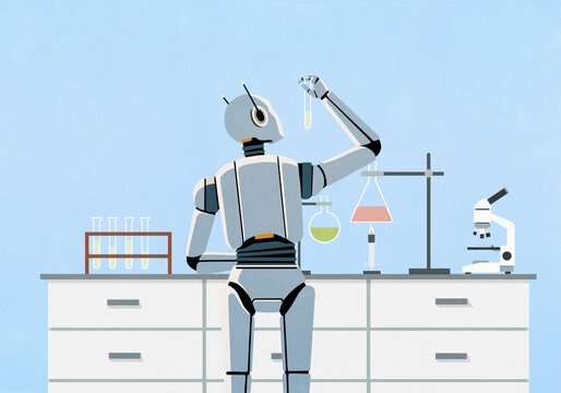 Humanoid scientist robot working in science laboratory, examining liquid in test tube
