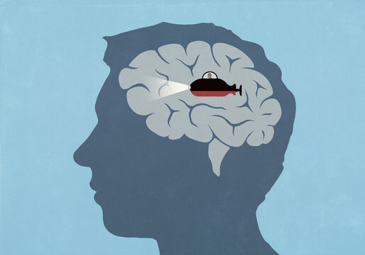 Spaceship with headlight inside brain of silhouetted man's head on blue background
