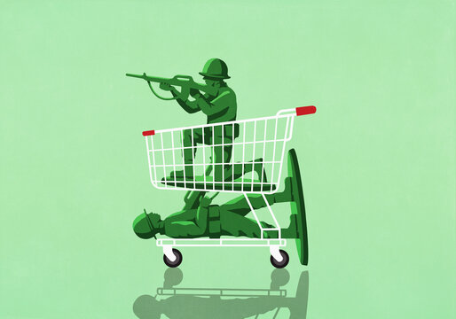 GI Joe Army soldiers with rifles in shopping cart against green background
