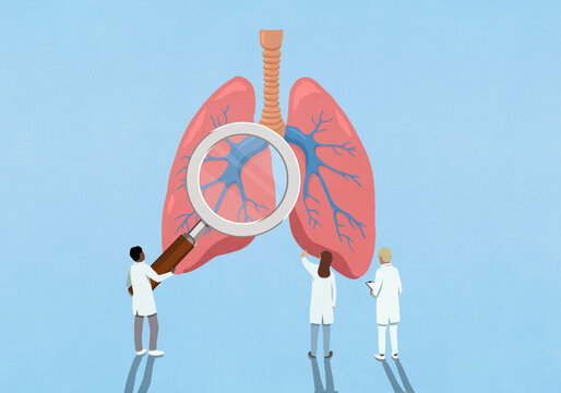 Scientists with magnifying glass examining large lungs against blue background
