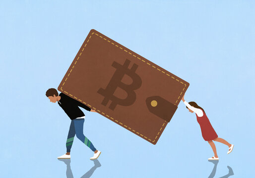 Young couple carrying large, heavy Bitcoin wallet
