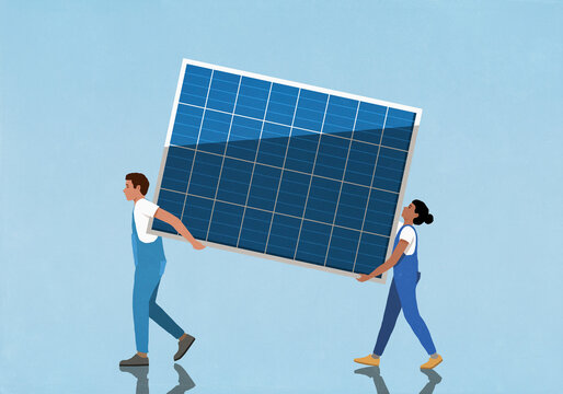 Couple in overalls carrying large solar panel against blue background
