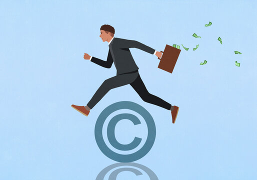 Businessman with money briefcase jumping over copyright symbol
